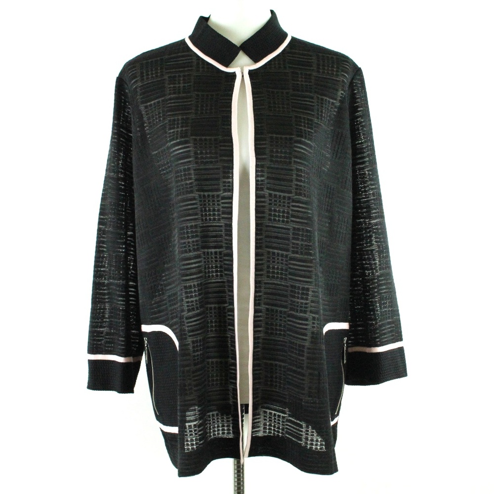 Misook Black Pale Pink Trim Knit Zipper Pocket Cardigan Sweater Jacket XL